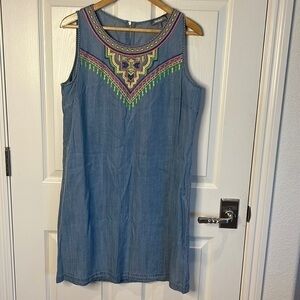 Neiman Marcus soft denim dress with neon embroidery. NWT.